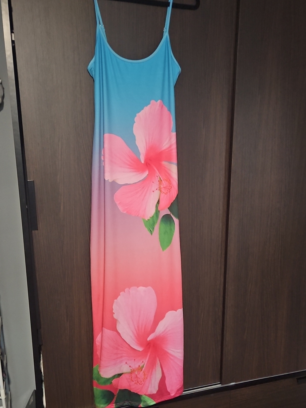 Sleeveless Blue-to-Pink Floral Maxi Dress